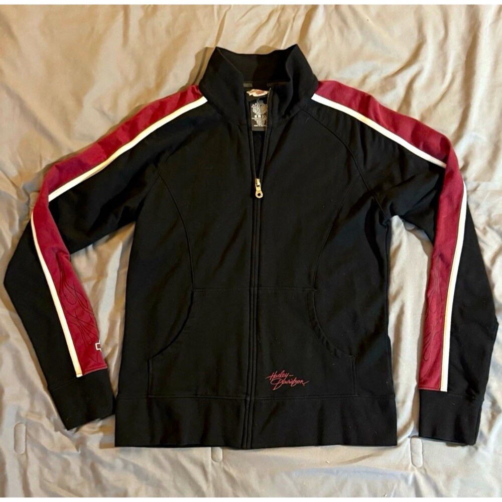 Harley-Davidson Women's Zip-Up Jacket Black Burgundy White Stripes Size M